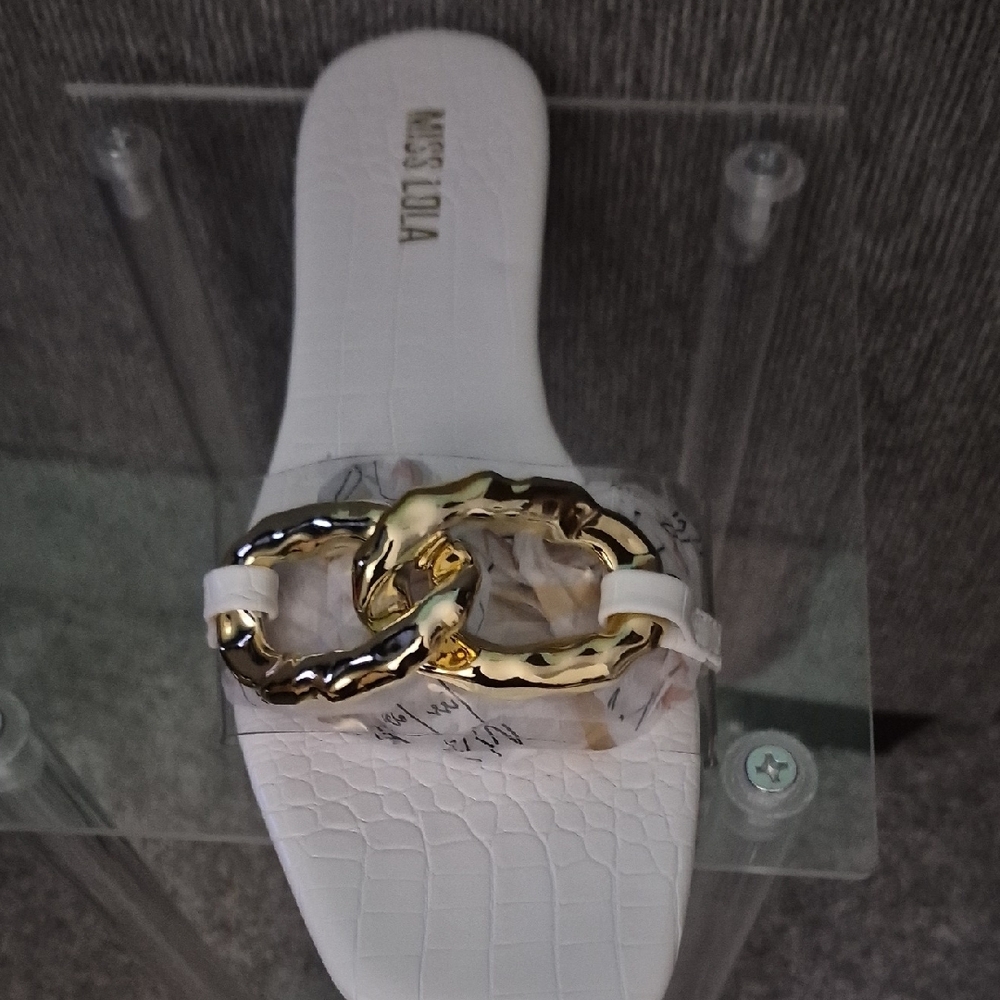 Miss Lola White Slide Sandals with Gold Accent